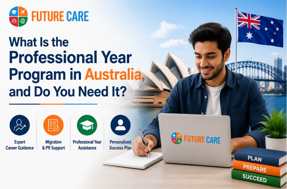 Professional Year Program Australia guide showing an international graduate exploring career guidance, migration support and Professional Year assistance with Future Care Consultants.