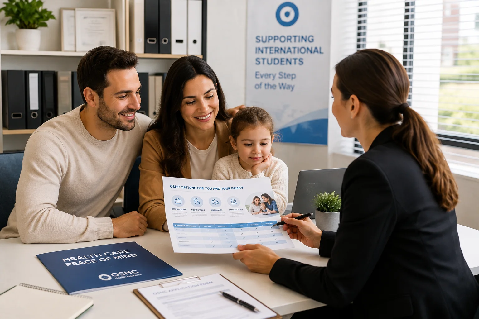OSHC for Couples and Families Image OSHC for family showing an international student family consulting with a healthcare professional about Overseas Student Health Cover options in Australia.
